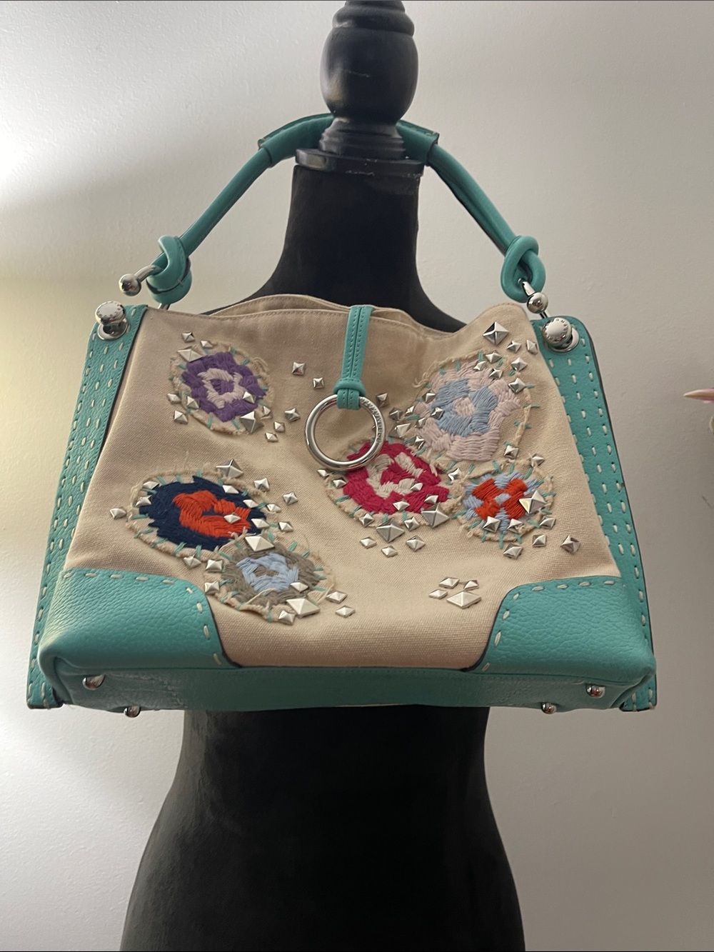Turquoise with Canvas Embroidered Color Patches Shoulder Bag